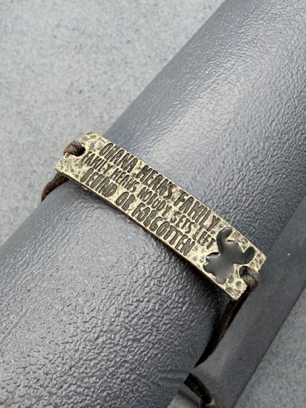 Disney Ohana Means Family Adjustable Bracelet Silver Black Cord Rustic Metal Quo